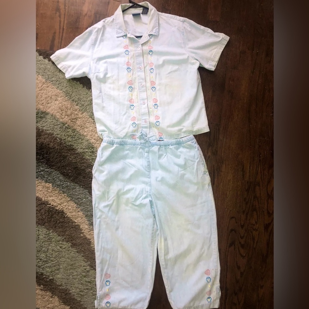 Mountain Lake Casuals Petite Denim 100% Cotton Capri 2 Piece Set Blue Preowned